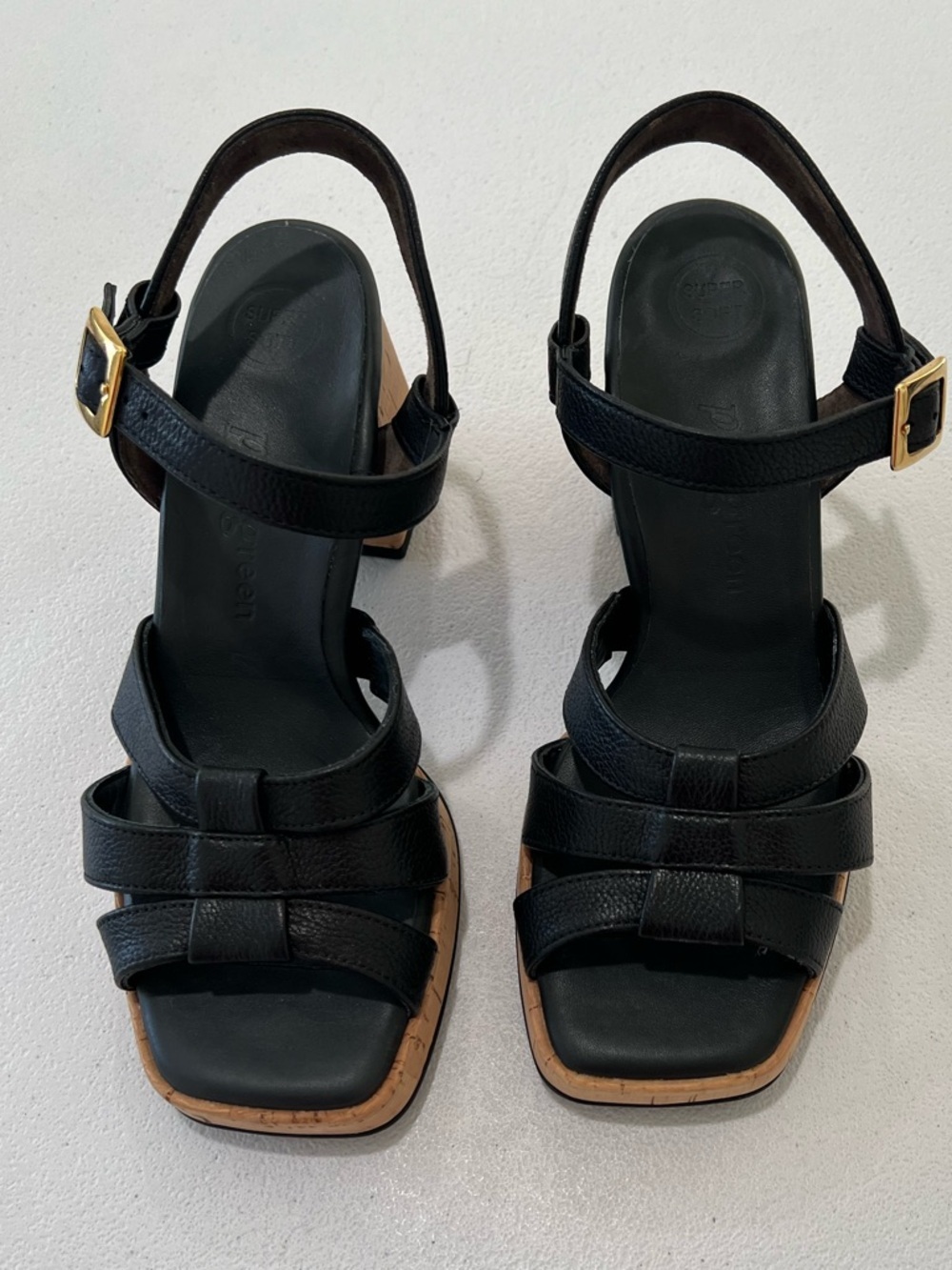 PAUL GREEN Black Leather Cork-Platform Strappy Sandals comfor insole 7 - Picture 3 of 13